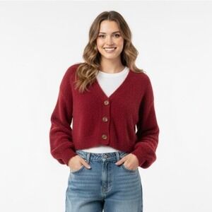 Lulus Women L Sweater Burgundy Fuzzy Cropped Cardigan Balloon Sleeve Button Cozy